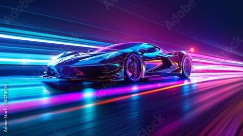 Futuristic Sports Car On Neon Highway. Powerful acceleration of a supercar with colorful lights trails. generative AI. hyper realistic 