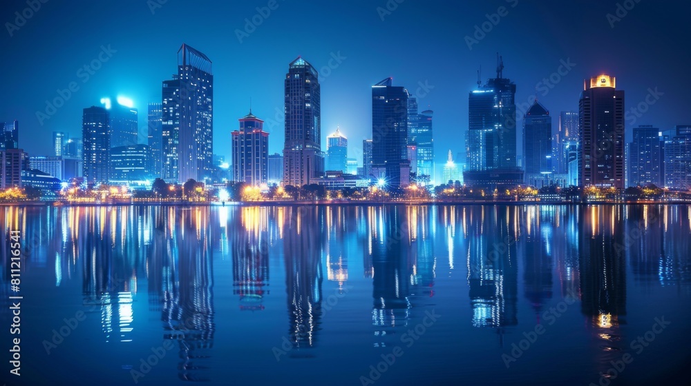 Fototapeta premium A riverfront city skyline reflecting in the water at night, with illuminated buildings creating a mesmerizing urban waterfront scene.