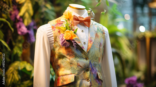 A man's suit is displayed in a store window with a flower pinned to the lapel photo