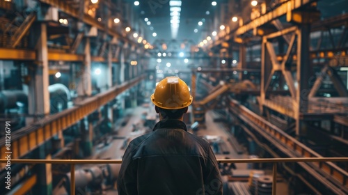 A man in a hard hat looking out over a factory floor