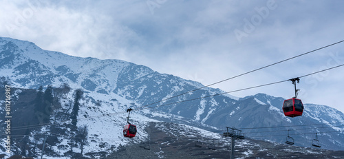 ski lift in the mountains, Panoramic view of snow mountain with cable car ride shot from Gulmarg Kashmir