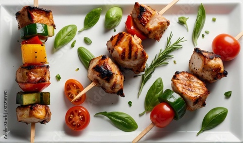 Tasty grilled chicken skewer with vegetables on wooden sticks isolated on white background  top view generative ai