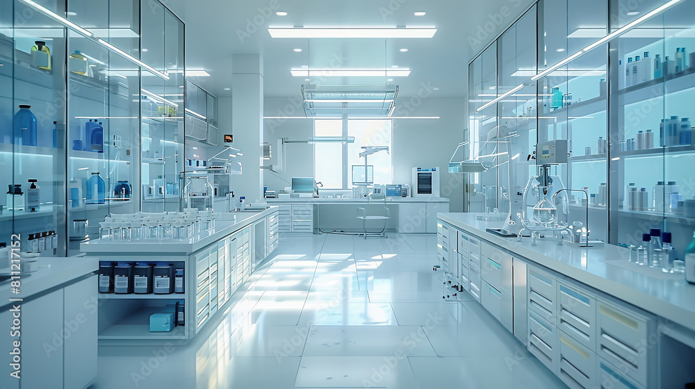 A bright American modern chemical research laboratory, clean and tidy, natural light, 
