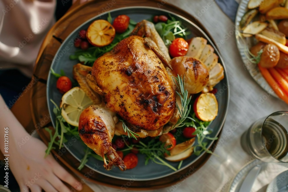 Top View of Succulent Roasted Poultry with Young Caucasian Woman Top View of Succulent Roasted Poultry with Young Caucasian Woman
