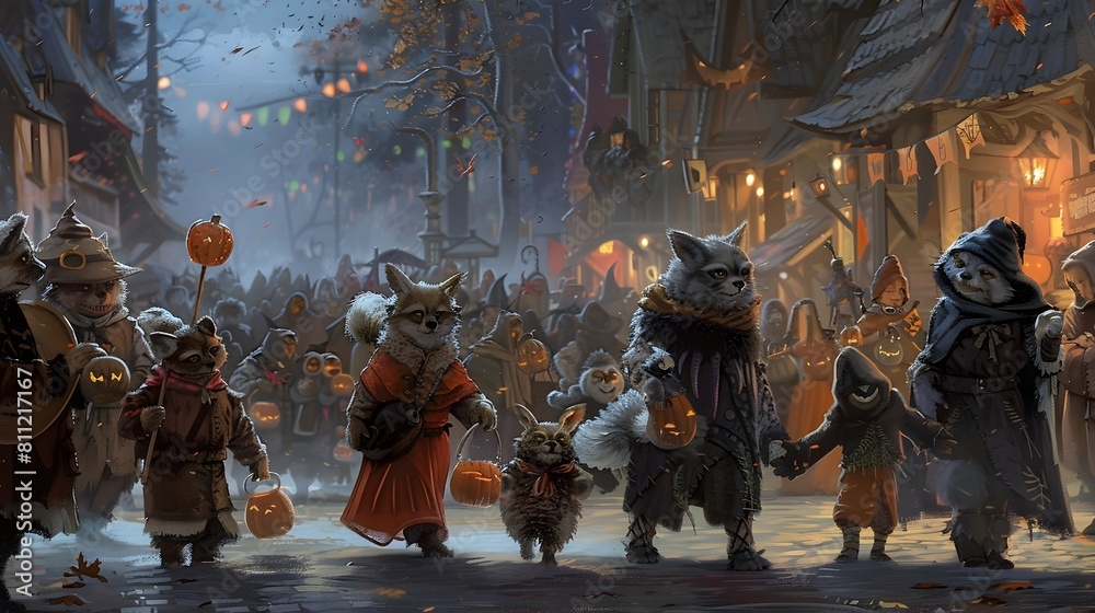 Magical Autumn Night in Whimsical Spooky Town with Fantasy Creatures and Festive