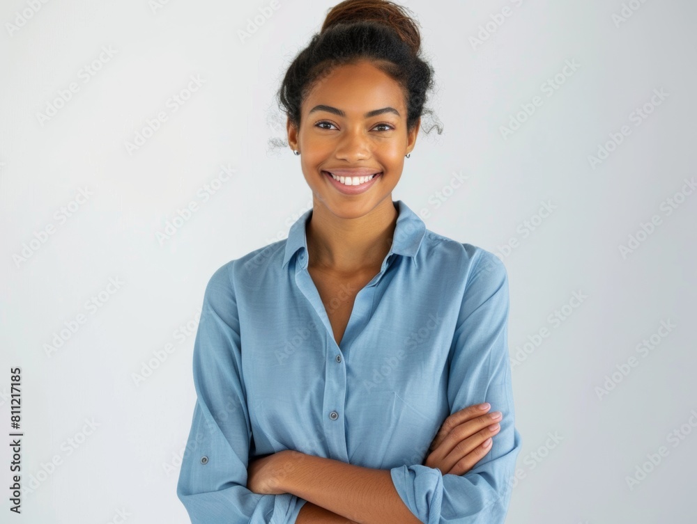 Multiethnic woman in blue clothes smiling on a white background.Company employee, worker, businesswoman. Multiethnic woman in blue clothes smiling on a white background.Company employee, worker, businesswoman.