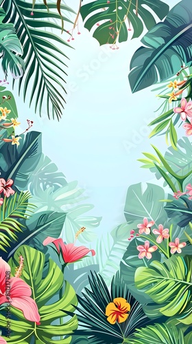Lush Tropical Foliage with Vibrant Floral Accents in Botanical Garden Setting