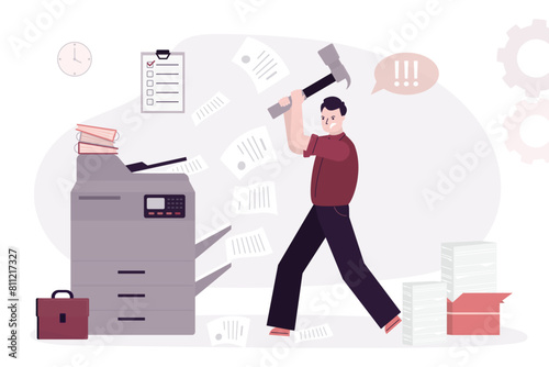 Unhappy manager holds hammer and wants to break office equipment. Tired office worker near copy machine, to much paperwork, burnout, many tasks
