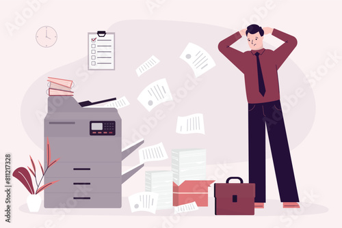 Tired office worker near copy machine, to much paperwork, burnout, many tasks. Unhappy employee manager standing near professional copy machine or printer doing paper work