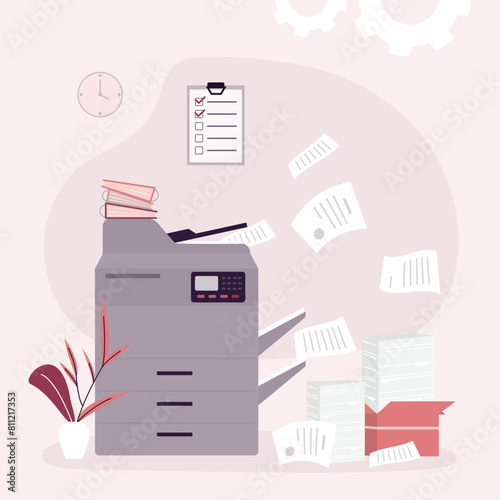 Professional office copier, multifunctional printer printing paper documents. Printer and copier in office room. Paperwork, workflow.