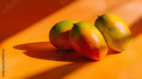 Ripe mango on an orange background, captured in a minimal concept photography style. Soft light and high key lighting create a serene ambiance, complemented by the vibrant orange color palette.  photo