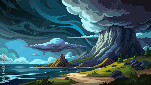 A mountain range with a large volcano in the background. The sky is dark and cloudy, and the ocean is in the foreground. Scene is ominous and foreboding