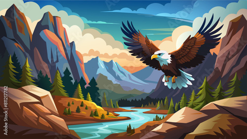 A majestic eagle is flying over a mountain range with a river below. The scene is serene and peaceful, with the eagle soaring high above the landscape