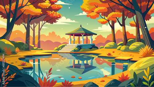 A serene and peaceful scene of a pond with a pavilion in the background. The water is calm and the trees surrounding the pond are in full autumn color
