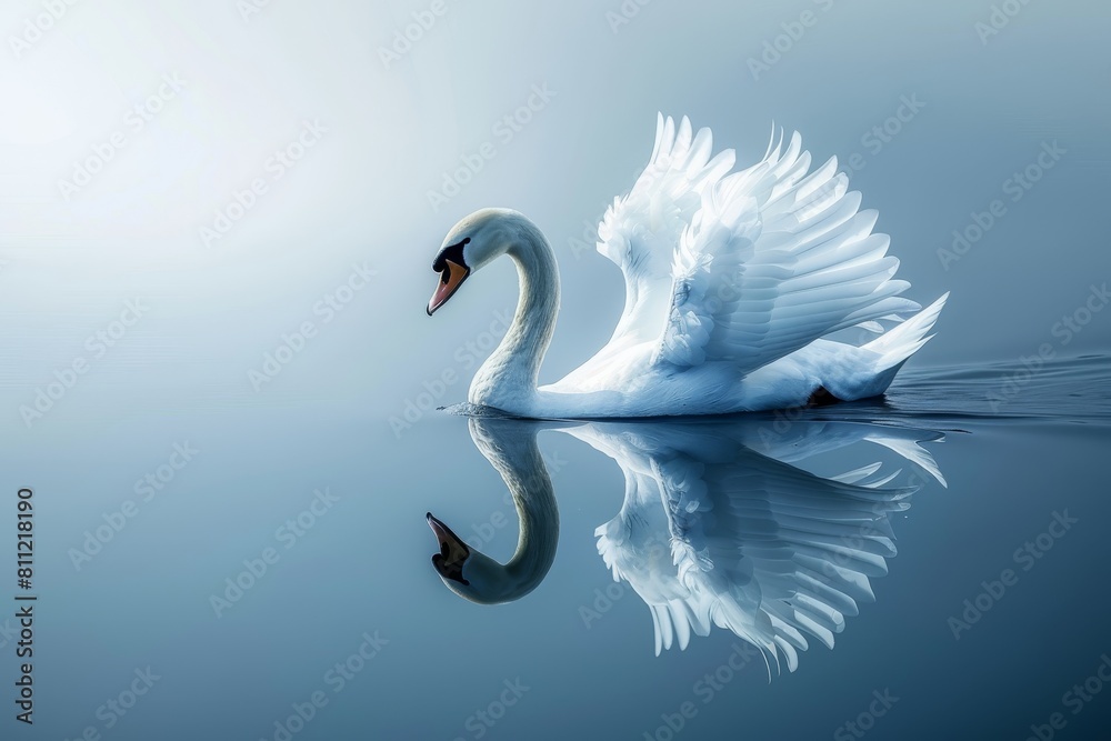 Obraz premium A white swan gracefully glides on the waters surface, A graceful swan gliding across the surface of a tranquil lake