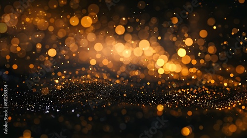 Abstract dark brown and gold particle backdrop. Christmas golden light shed bokeh particles over a background of black. Gold foil appearance. holiday idea, gold glitter minimalist y2k aesthetic