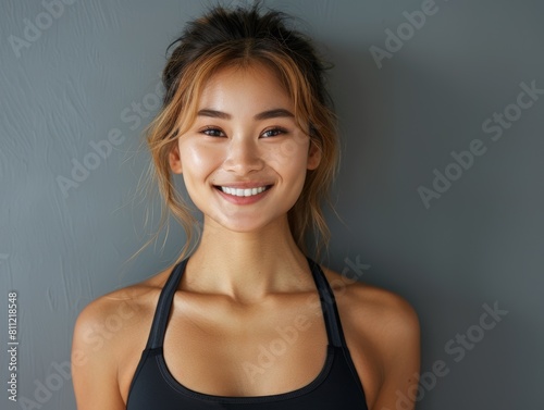 Attractive sporty Asian woman wears fashionable sportswear on a gray background. Active lifestyle and sports.