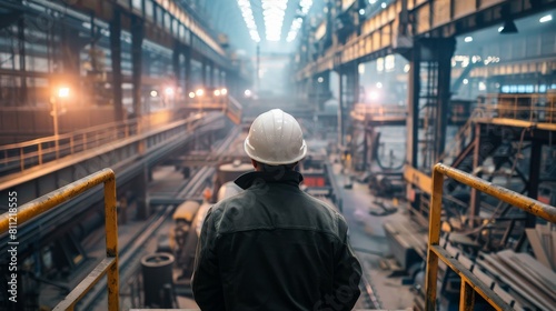 An industrial worker wearing a hard hat is looking out over a large factory floor.