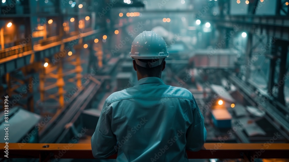 An industrial worker in a hard hat looking out over a factory floor.