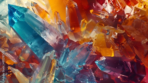 A colorful crystal formation with blue, yellow, and red pieces photo