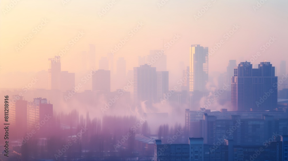Fototapeta premium A city skyline is shown with a hazy, foggy atmosphere, air pollution