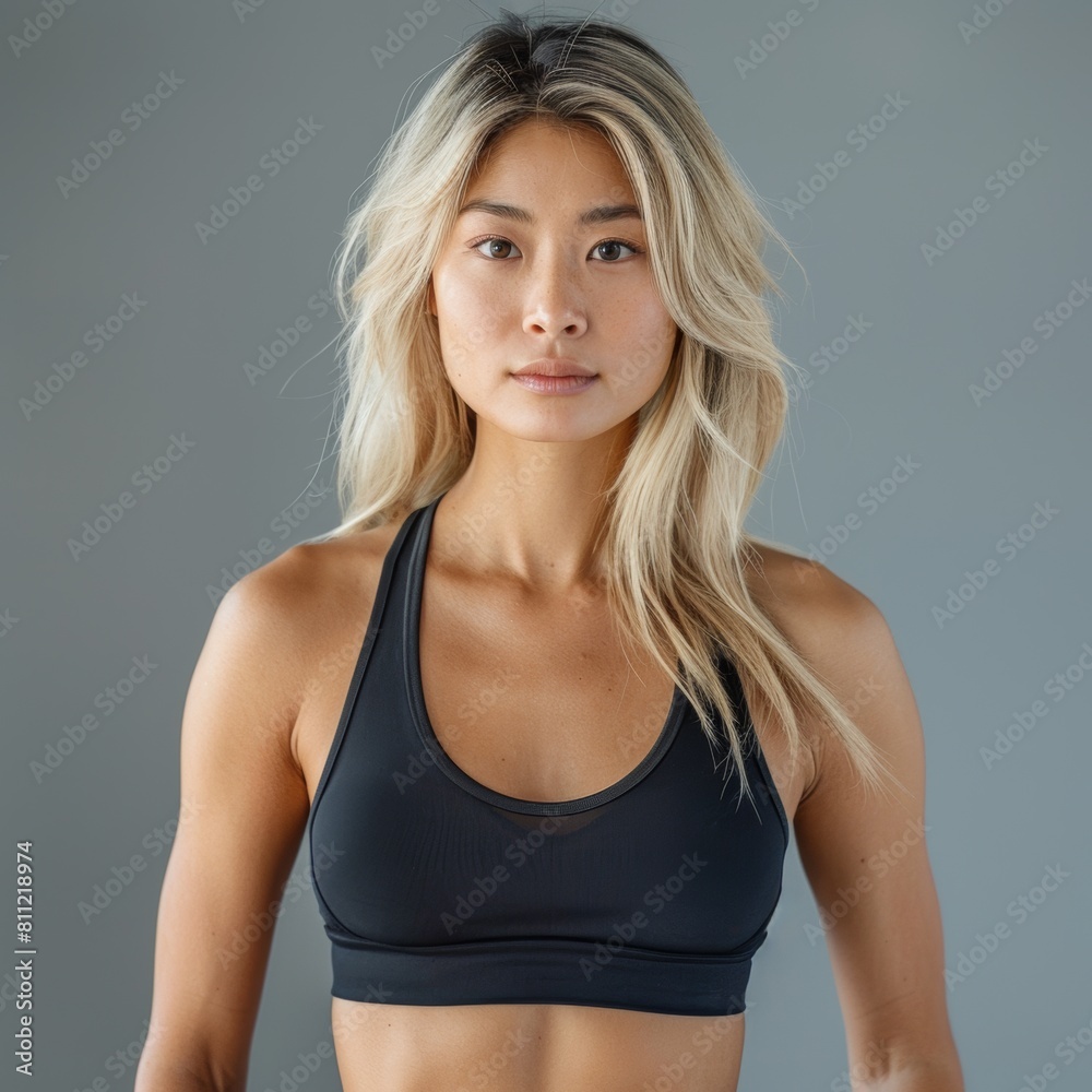 Attractive sporty Asian woman wears fashionable sportswear on a gray background. Active lifestyle and sports. Attractive sporty Asian woman wears fashionable sportswear on a gray background. Active lifestyle and sports.