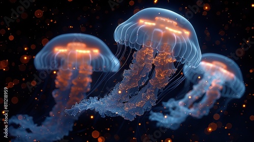   A cluster of gelatinous creatures drifting over azure and apricot-toned liquid, enveloped by air containing numerous air bubbles photo