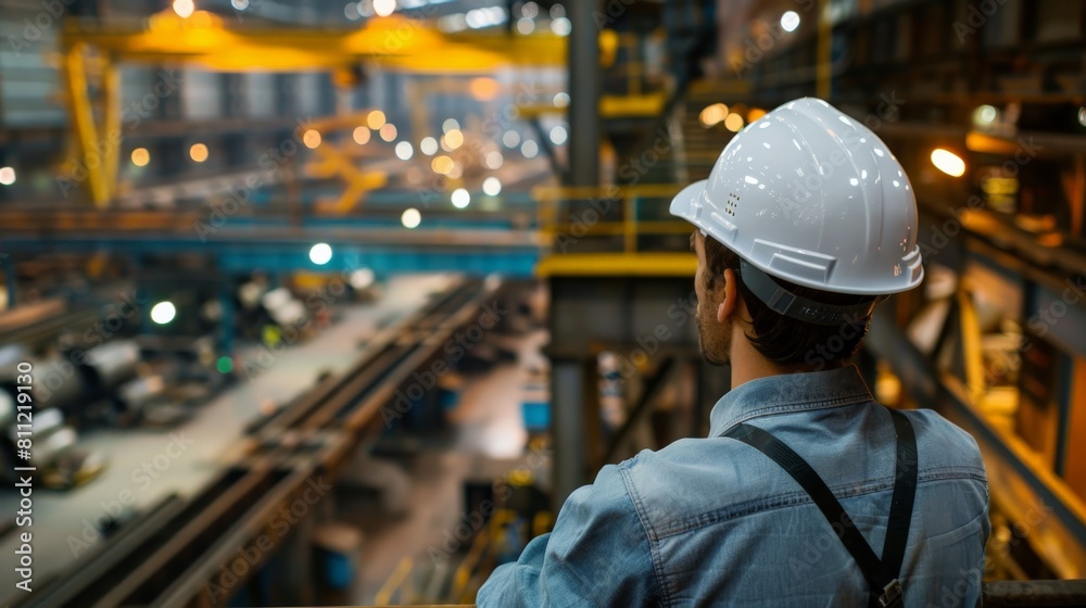 An industrial engineer wearing a hard hat looks out over a large factory floor.