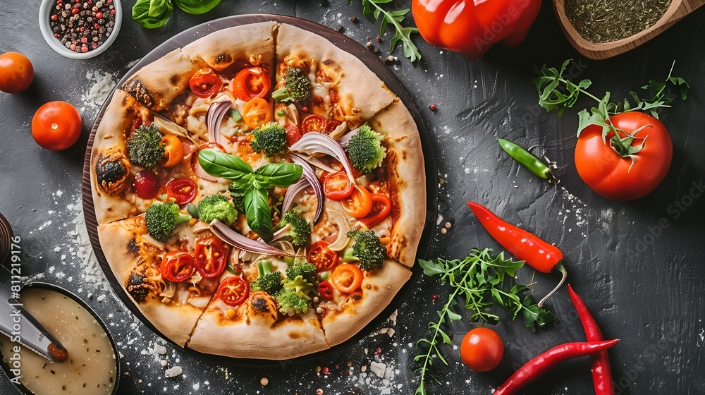 A vegan plant-based pizza with broccoli and tomatoes on top of it