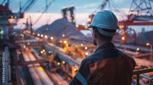 An industrial worker is looking out over a large, busy work site.