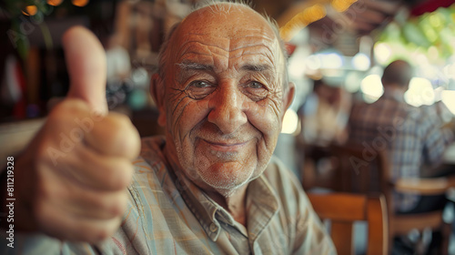elderly man in a cafe showing thumbs up