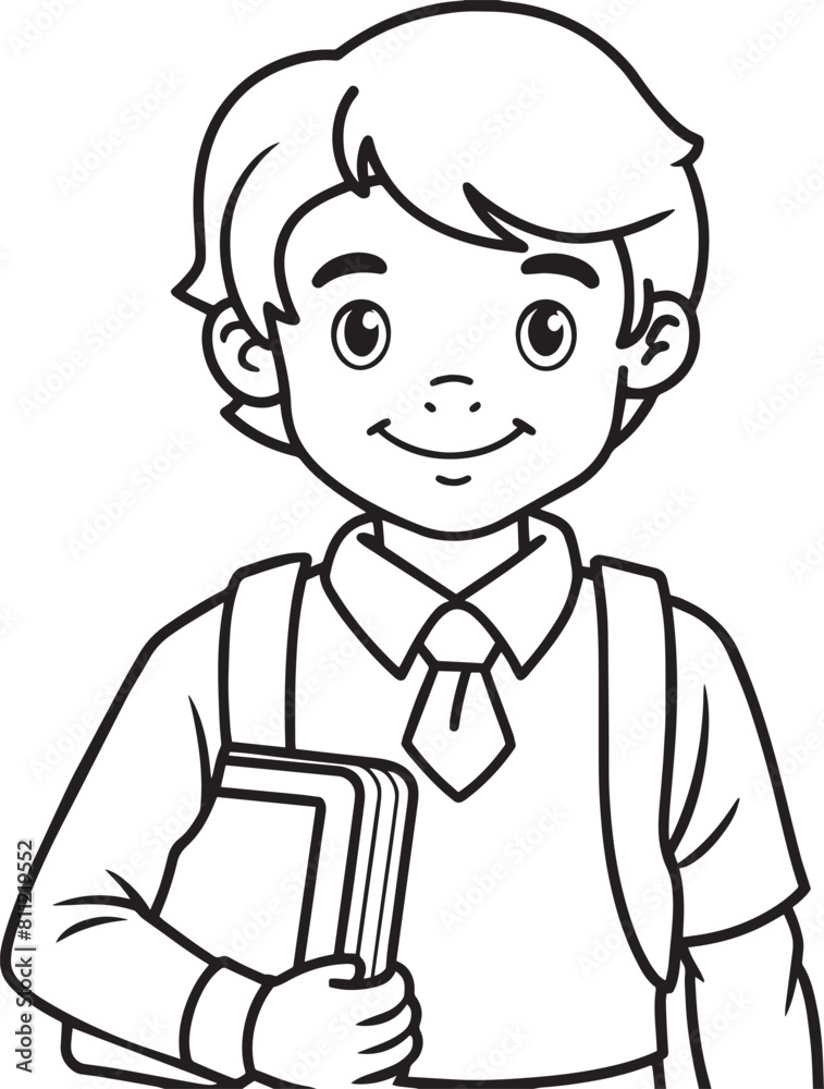 Black and White Cartoon Illustration of Boy Student with Books for Coloring Book