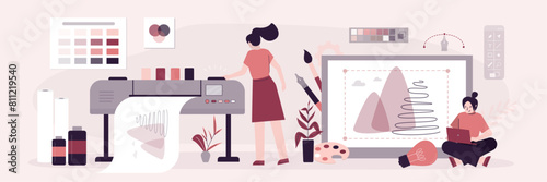 Creative people or office staff with plotter. Offset printer prints picture of large size, print service, copy center. Printing house. Commercial digital documents production.