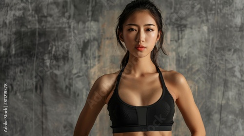 Attractive sporty Asian woman wears fashionable sportswear on a gray background. Active lifestyle and sports.