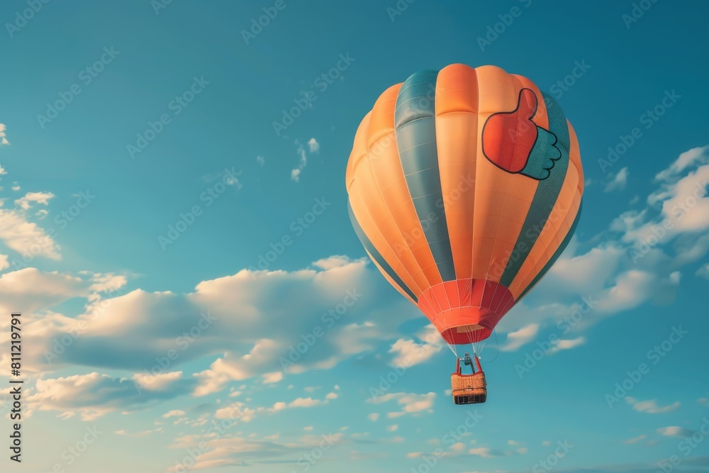 A colorful hot air balloon floats high in a blue sky with clouds, casting a red shadow on the basket below A colorful hot air balloon floats high in a blue sky with clouds, casting a red shadow on the basket below