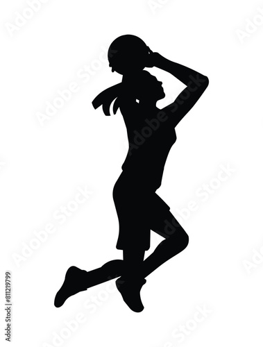 Girls' silhouettes of women's basketball players standing with the ball, running, jumping, throwing, shooting, passing the ball