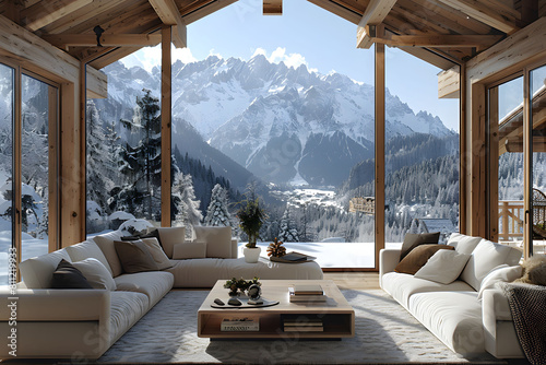 A wooden ski chalet with a view of the snow-capped mountains photo