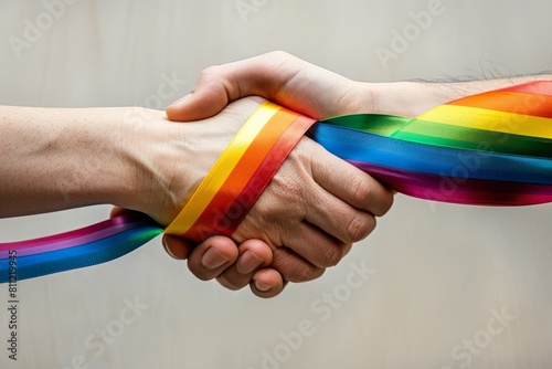 Hands held together, multi-colored ribbons wrapped around the hands. It represents diversity, relationships, friendship.