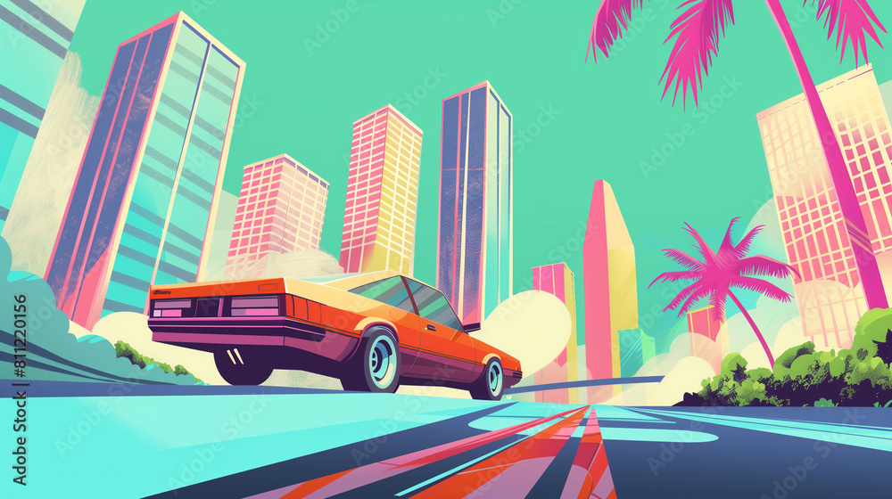 illustration of a car driving down a city street with tall buildings