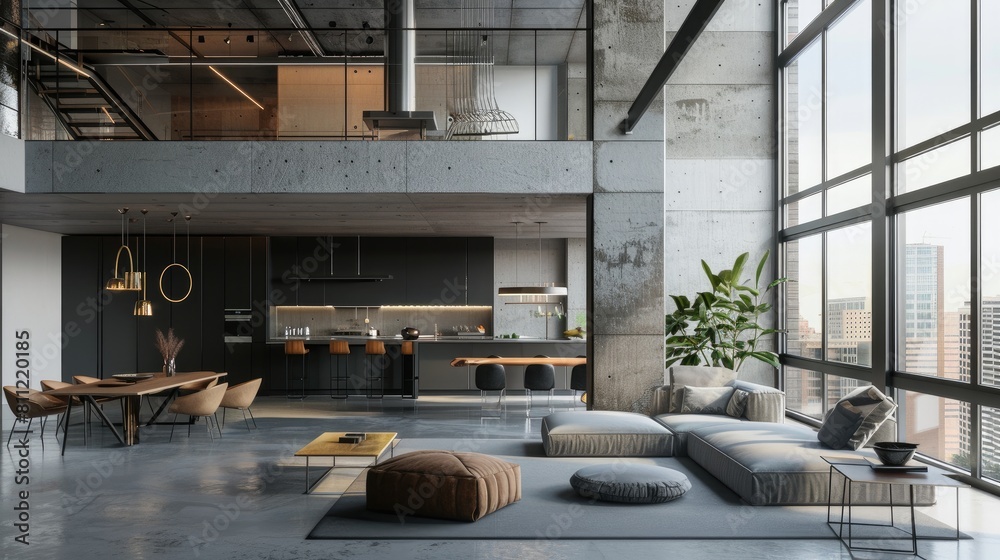 Brutalist interior design. Interior of modern living room with gray walls, concrete floor, panoramic window with view and gray sofa. 