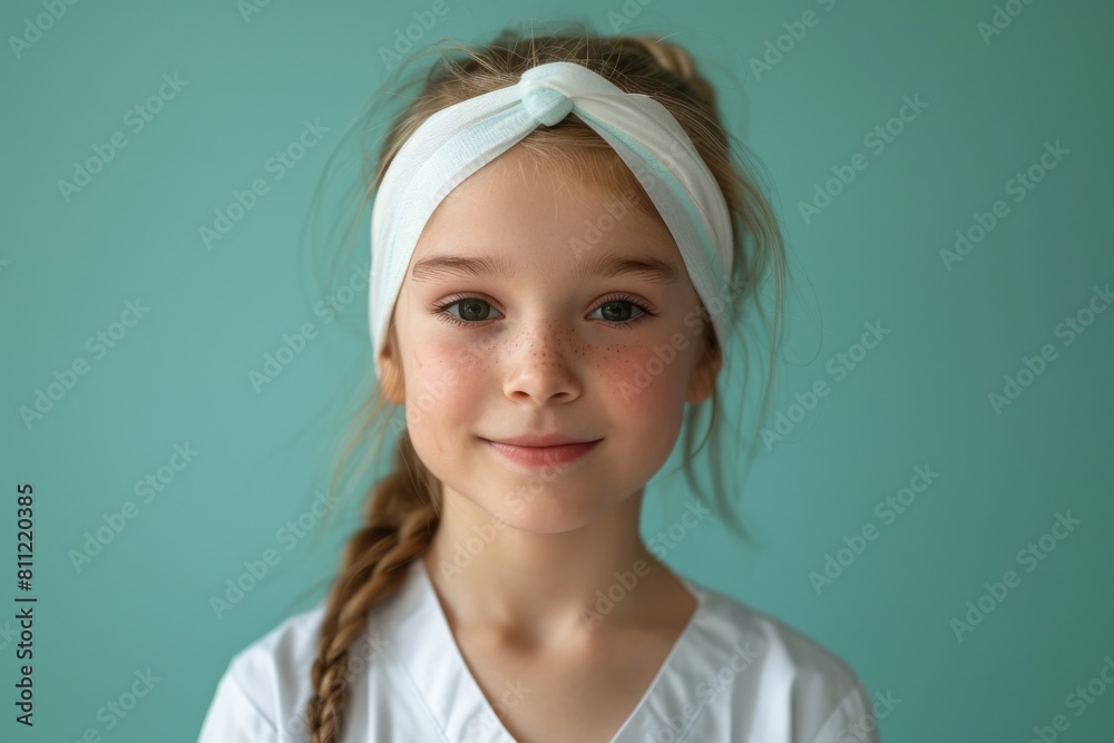 Close-up portrait of cute little girl in white doctor's uniform with headband on turquoise background with copy space. Happy smiling child dreams of becoming a doctor or a nurse. Close-up portrait of cute little girl in white doctor's uniform with headband on turquoise background with copy space. Happy smiling child dreams of becoming a doctor or a nurse.