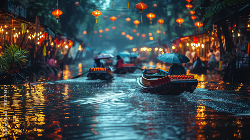 Rainy Evening at Damnoen Saduak Floating Market with Colorful Lanterns and Local Boats photo