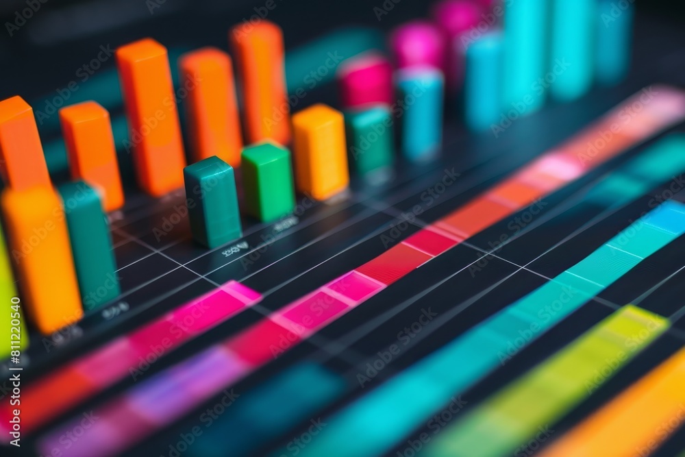 Detailed view of a vibrant sound board with multiple knobs, sliders, and buttons displayed, A graph showing a sharp increase in profits, with colorful bars reaching new heights Detailed view of a vibrant sound board with multiple knobs, sliders, and buttons displayed, A graph showing a sharp increase in profits, with colorful bars reaching new heights
