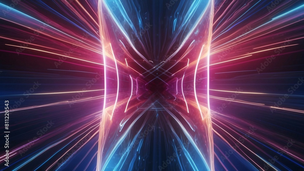 Naklejka premium 3D futuristic render of neon waves in dark purple, red and golden tones. Wallpaper header for business technology presentation concept.