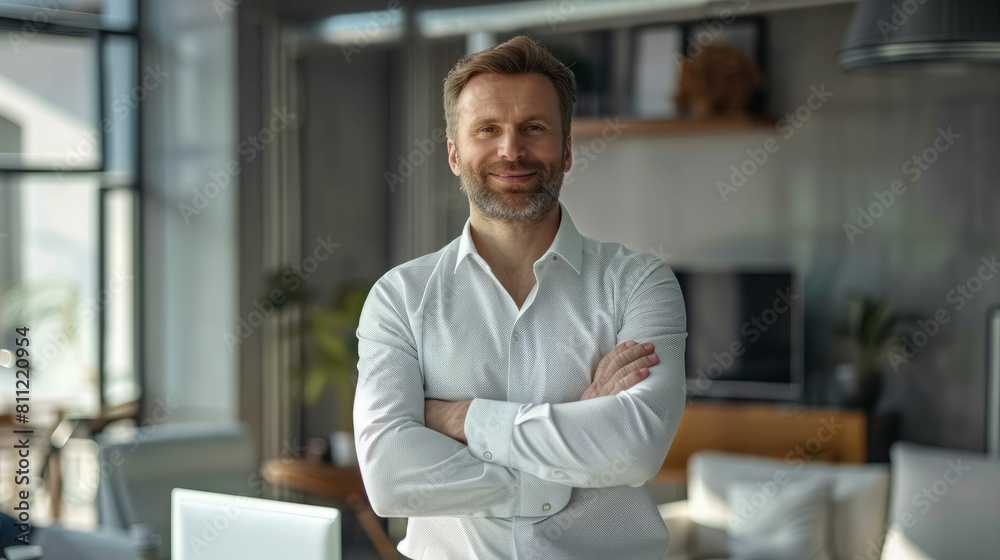 custom made wallpaper toronto digitalHappy business man standing in his office, arms crossed. AI Generative hyper realistic and natural colors