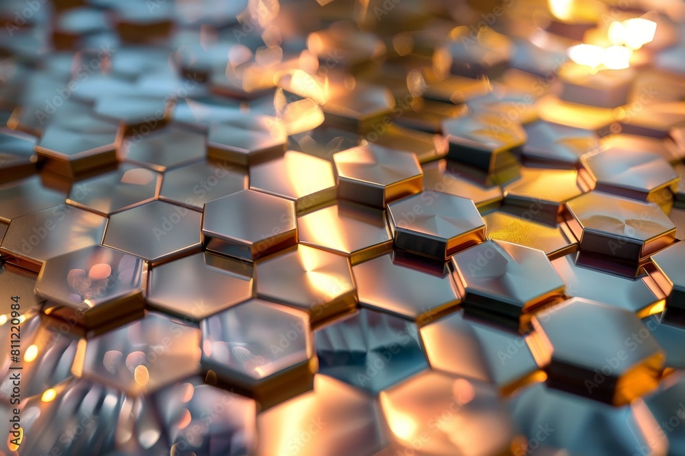 Detailed view of metallic hexagon glass mosaic tile reflecting light in a grid pattern, A grid of metallic hexagons reflecting light at different angles Detailed view of metallic hexagon glass mosaic tile reflecting light in a grid pattern, A grid of metallic hexagons reflecting light at different angles