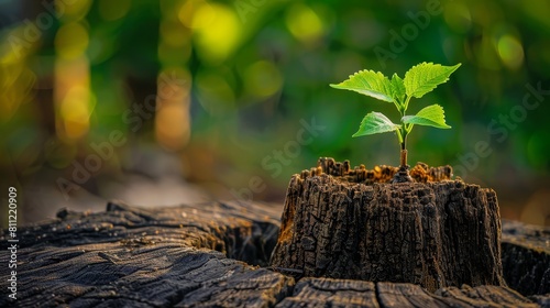 Close-up stock photo of a new tree sprouting from an old stump, vividly capturing the continuation of the life cycle with rich, detailed textures photo