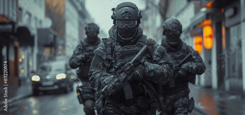Three heavily armed and armored individuals on city street. Generative AI.