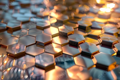 Detailed view of metallic hexagon glass mosaic tile reflecting light in a grid pattern, A grid of metallic hexagons reflecting light at different angles
