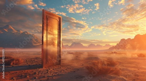 Conceptual 3D artwork of an open door in an expansive desert setting, signifying the threshold to new possibilities and adventures photo